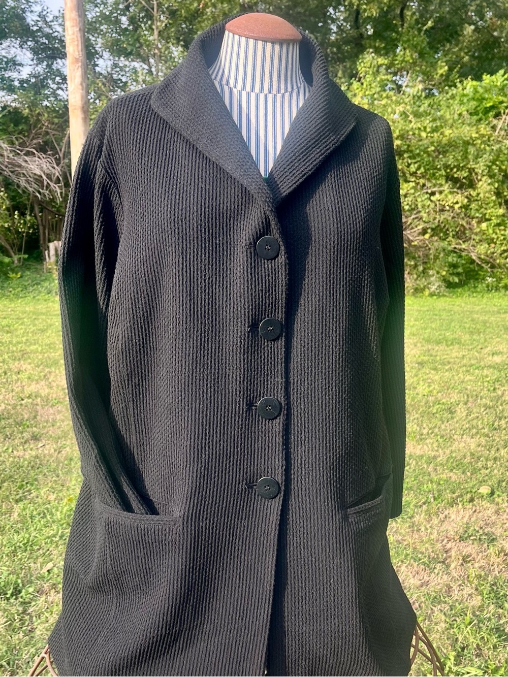 Eileen Fisher 1X Black Textured Knit Cardigan Jacket Shawl Collar Cotton Blend